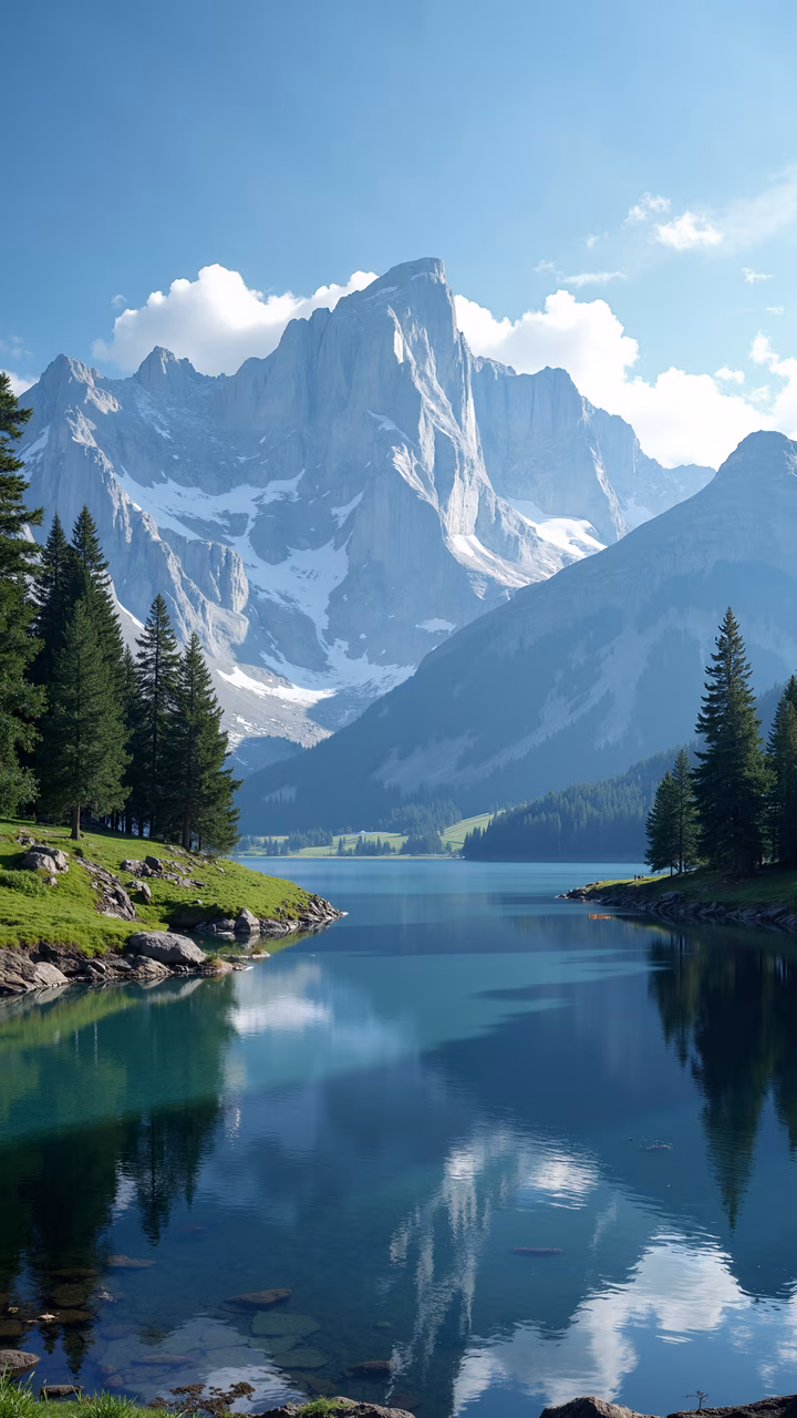A breathtaking view of mountains reflected in a calm lake, surrounded by greenery and pine trees.