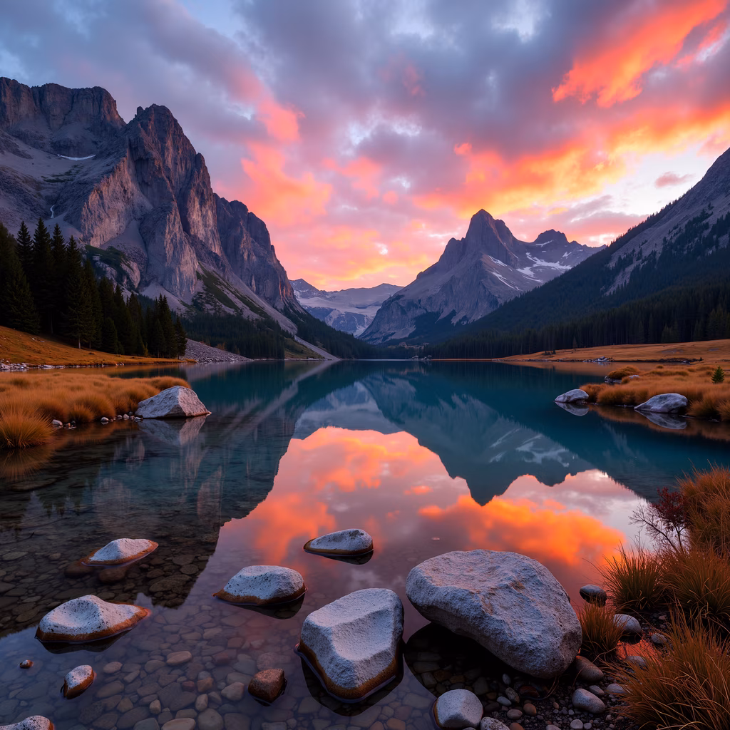 A stunning sunset over a mountain lake, capturing reflections and natural beauty.