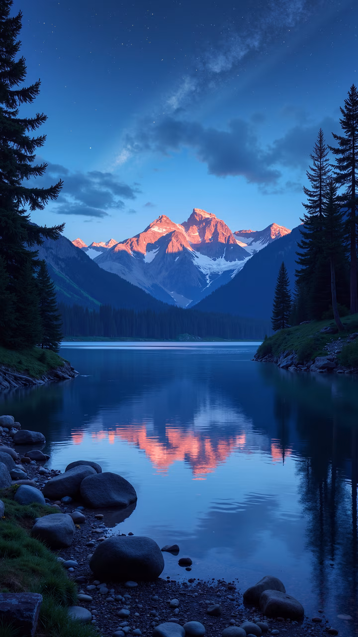 Serene mountain reflections captured at dusk, featuring tranquil lake and evergreen trees.