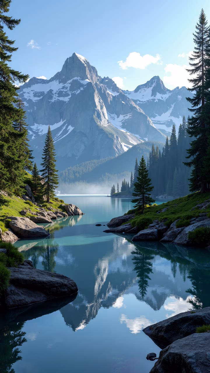 A peaceful illustration of a mountain lake with reflections and lush greenery.