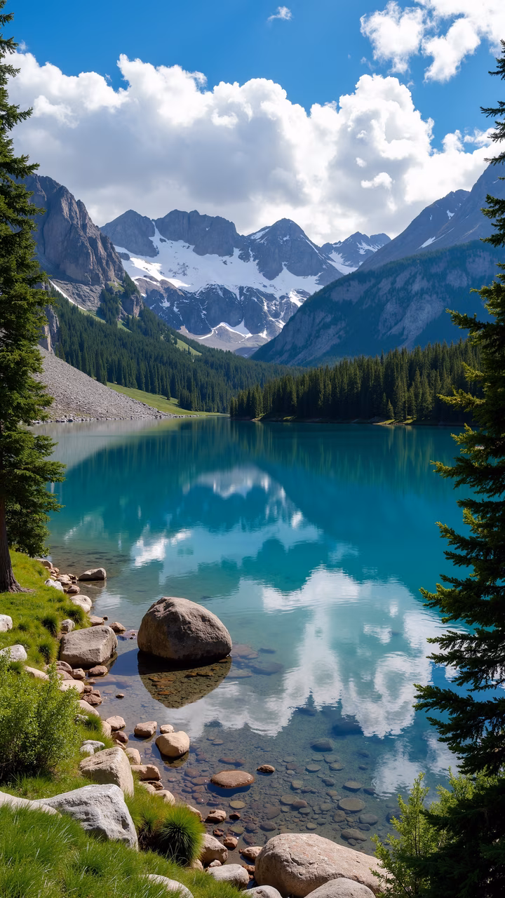 Serene mountain reflections in a turquoise lake, surrounded by greenery and rocks.