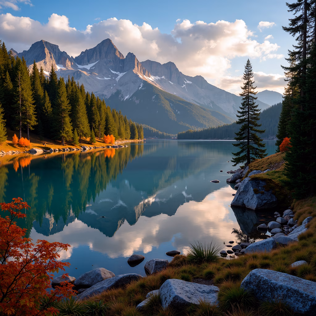 A breathtaking view of mountains reflected in a calm lake, adorned with autumn colors and natural beauty.