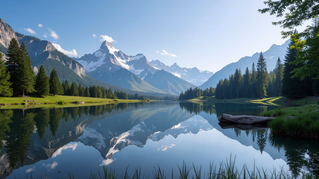 Snow-capped mountains reflected in a serene lake, surrounded by lush greenery and tall pine trees.