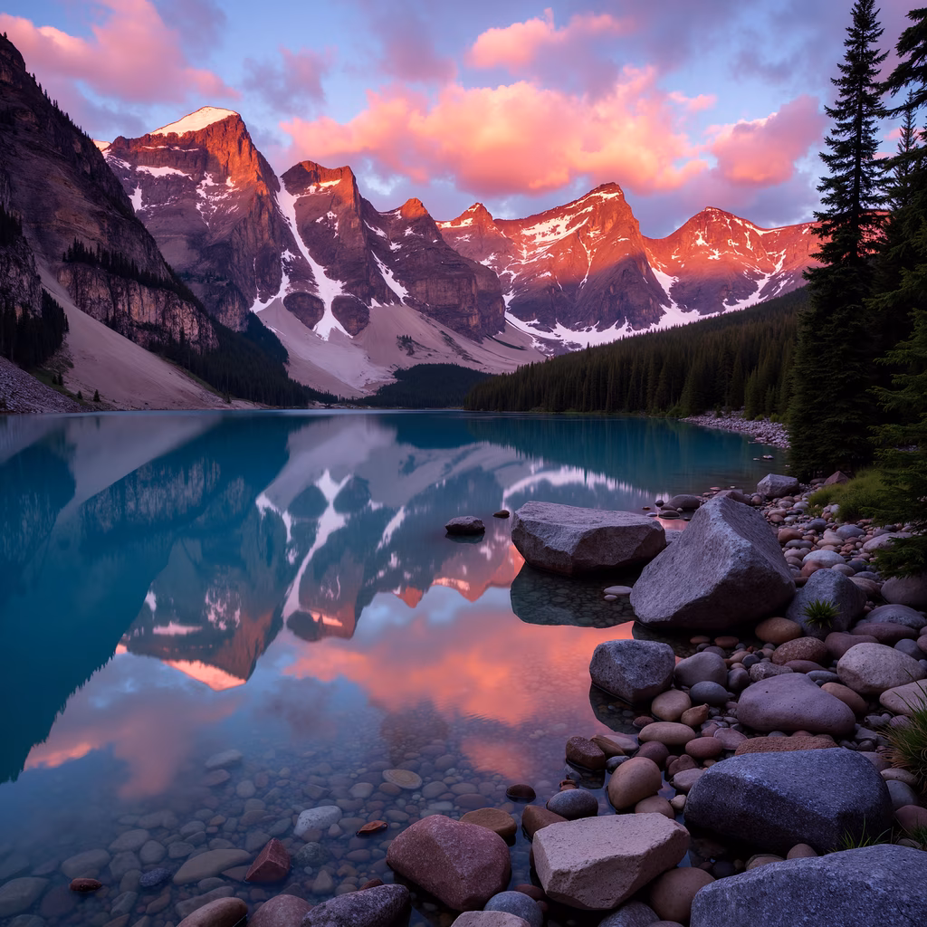 A stunning sunset over a mountain lake, reflecting the sky's vibrant colors and surrounded by rugged mountains and dense forests.