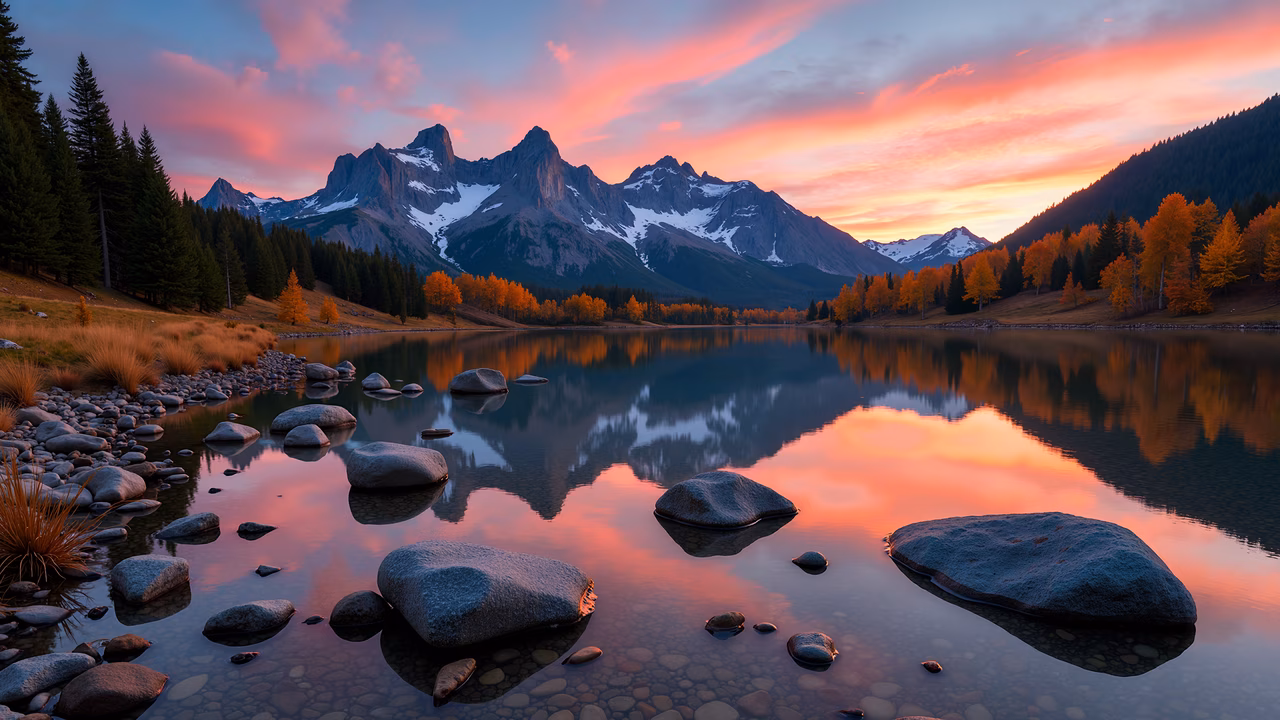 A stunning sunset over a mountain lake with reflections and golden trees.