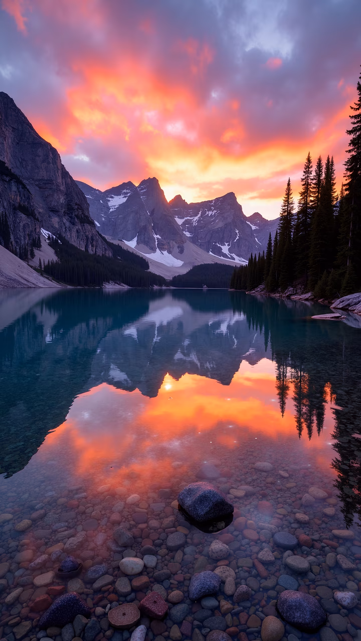 A stunning sunset over a mountain lake, reflecting vibrant colors and surrounded by rugged terrain and evergreen forests.