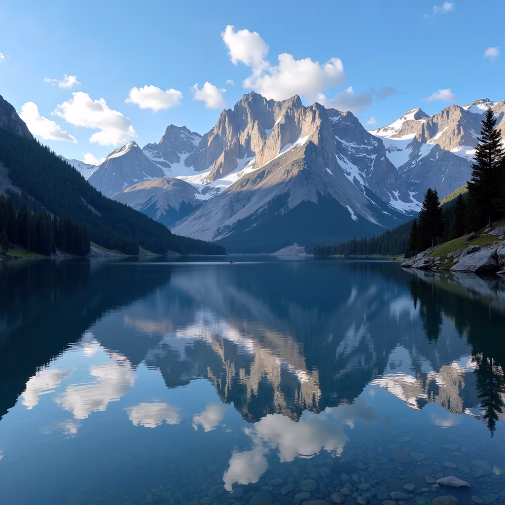 Mountain Reflections: A tranquil landscape with majestic mountains reflected in a serene lake, surrounded by lush greenery and a clear blue sky.
