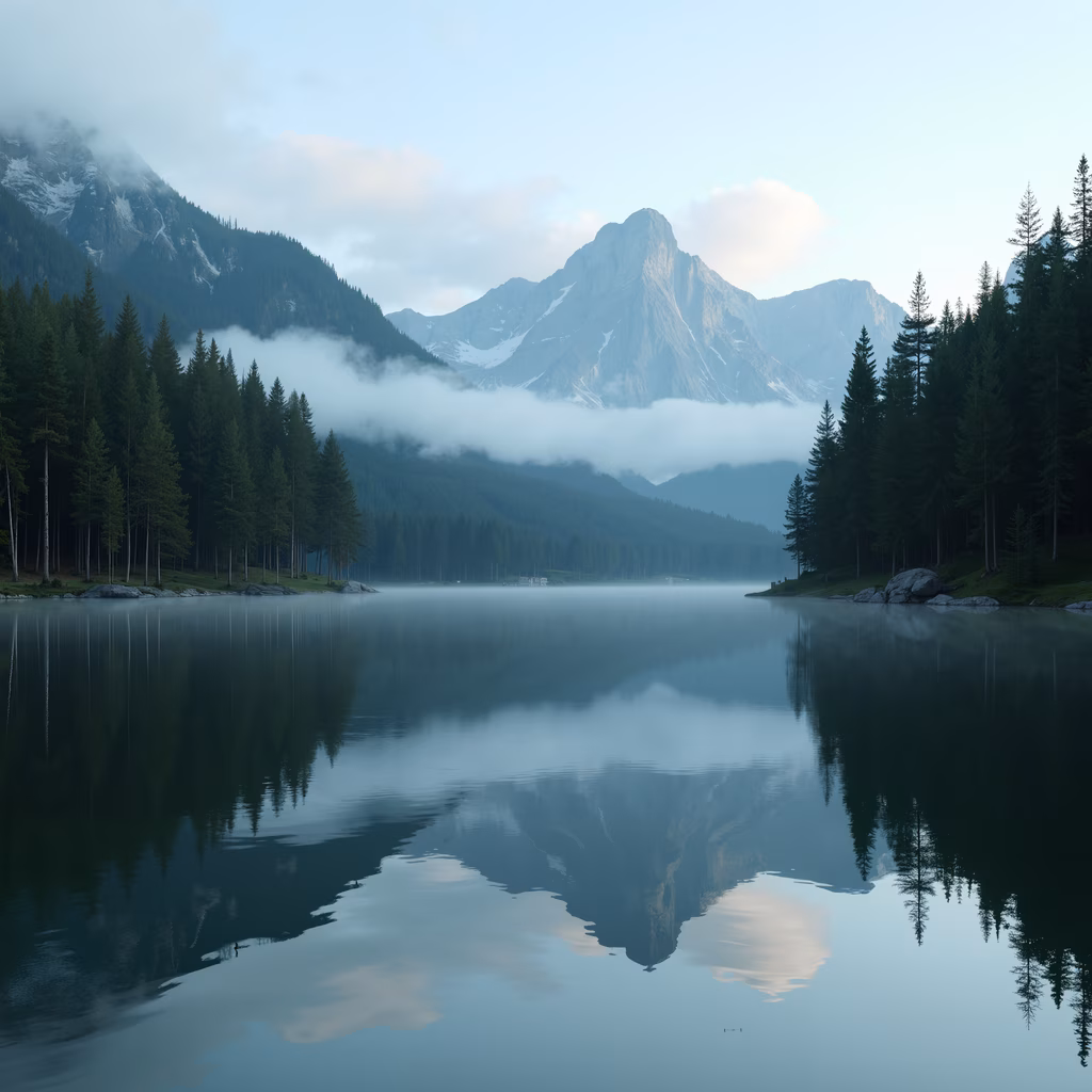 A tranquil lake reflecting majestic mountains and dense forest, enveloped in soft mist.