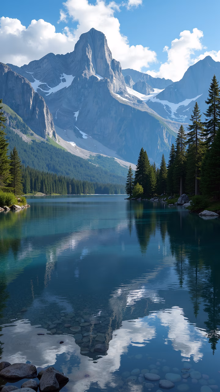 A breathtaking view of mountains reflected in a calm lake, framed by greenery and pine trees under a clear blue sky.