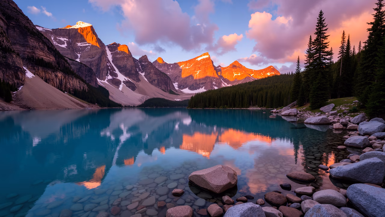 A stunning sunset over a mountain lake with perfect reflections and vibrant colors.
