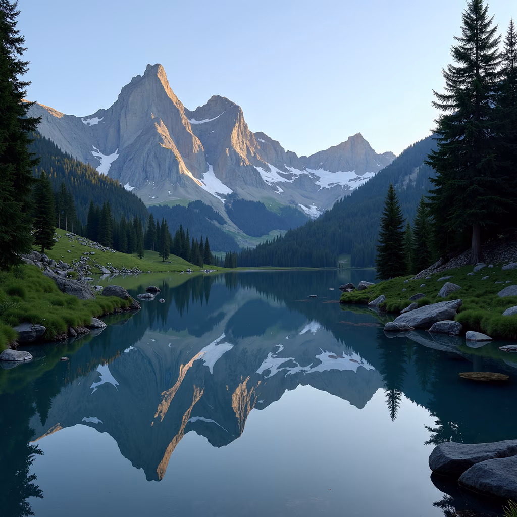 A breathtaking view of mountains reflected in a calm lake, surrounded by greenery and pine trees.