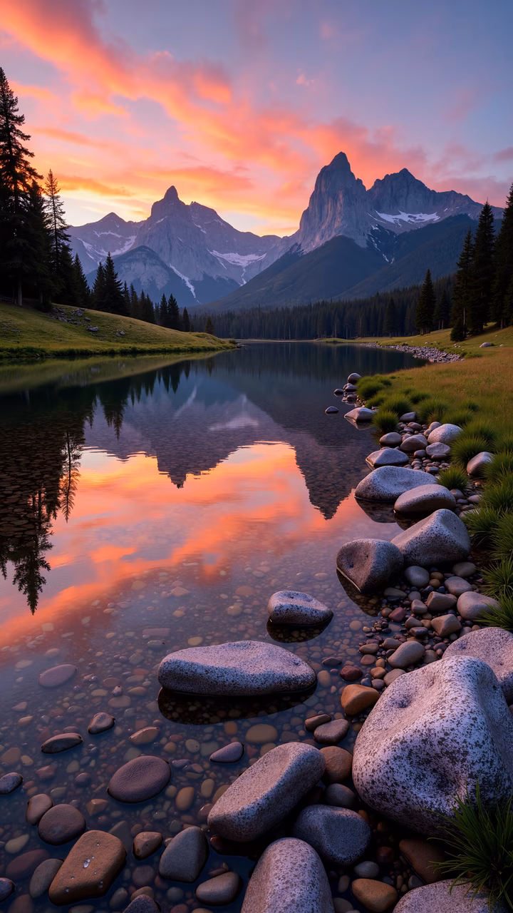 A stunning sunset over a mountain lake, capturing the reflection of the sky and surrounding trees.