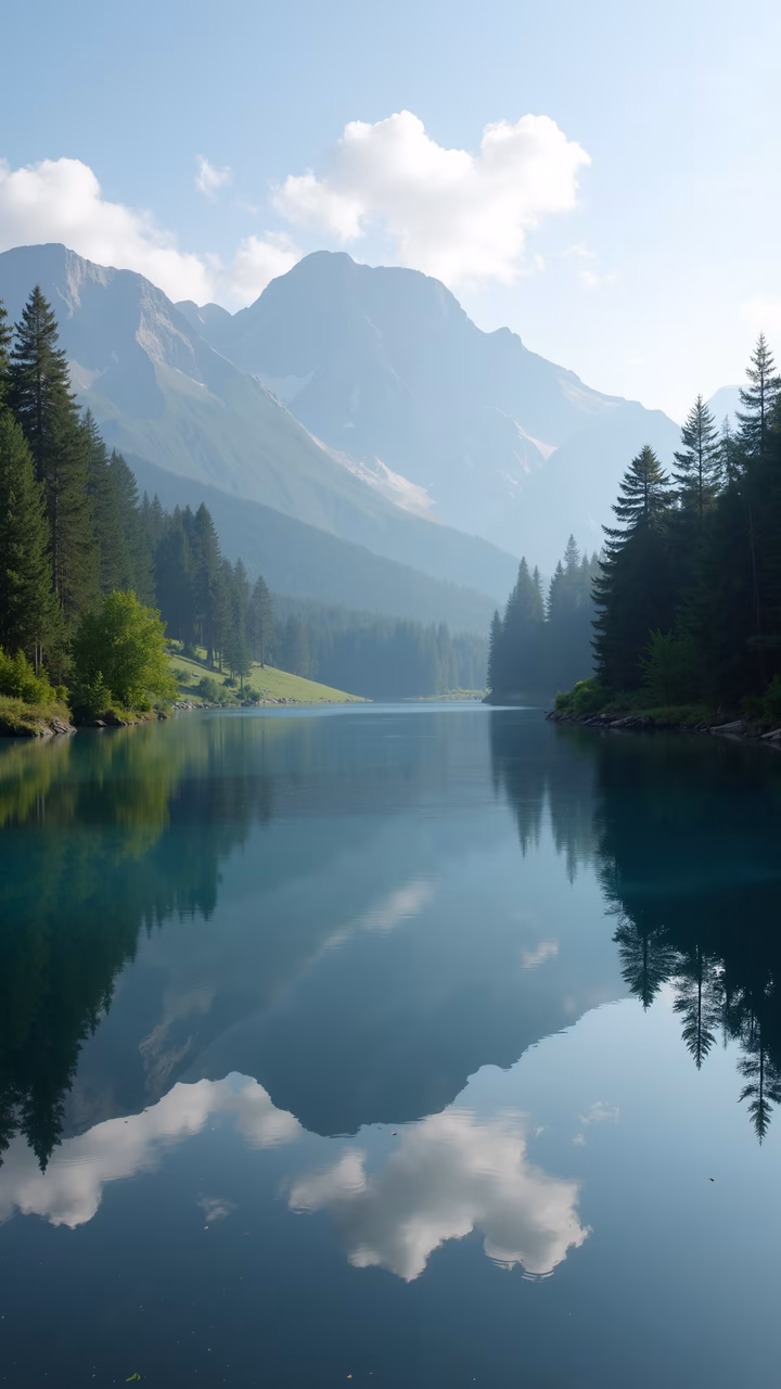 A breathtaking view of a mountain lake with perfect reflections, surrounded by lush greenery under a clear sky.
