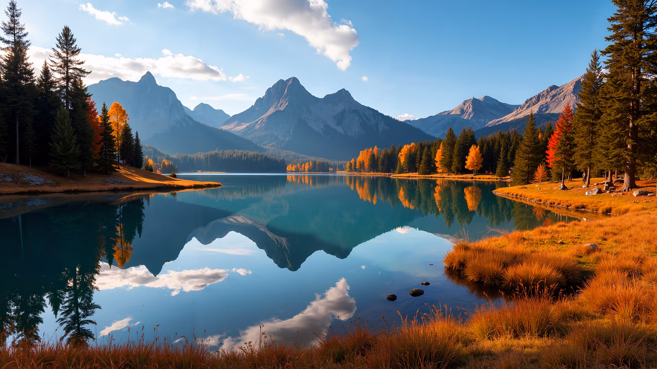 A peaceful illustration of a mountain lake with perfect reflections and vibrant autumn colors.