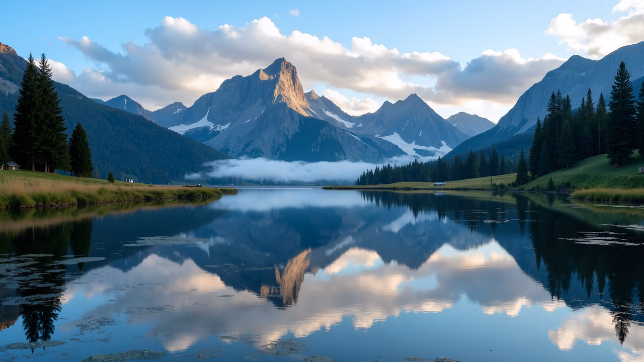 A breathtaking landscape photo showcasing the reflection of mountains in a serene lake, surrounded by lush greenery and bathed in soft natural light.