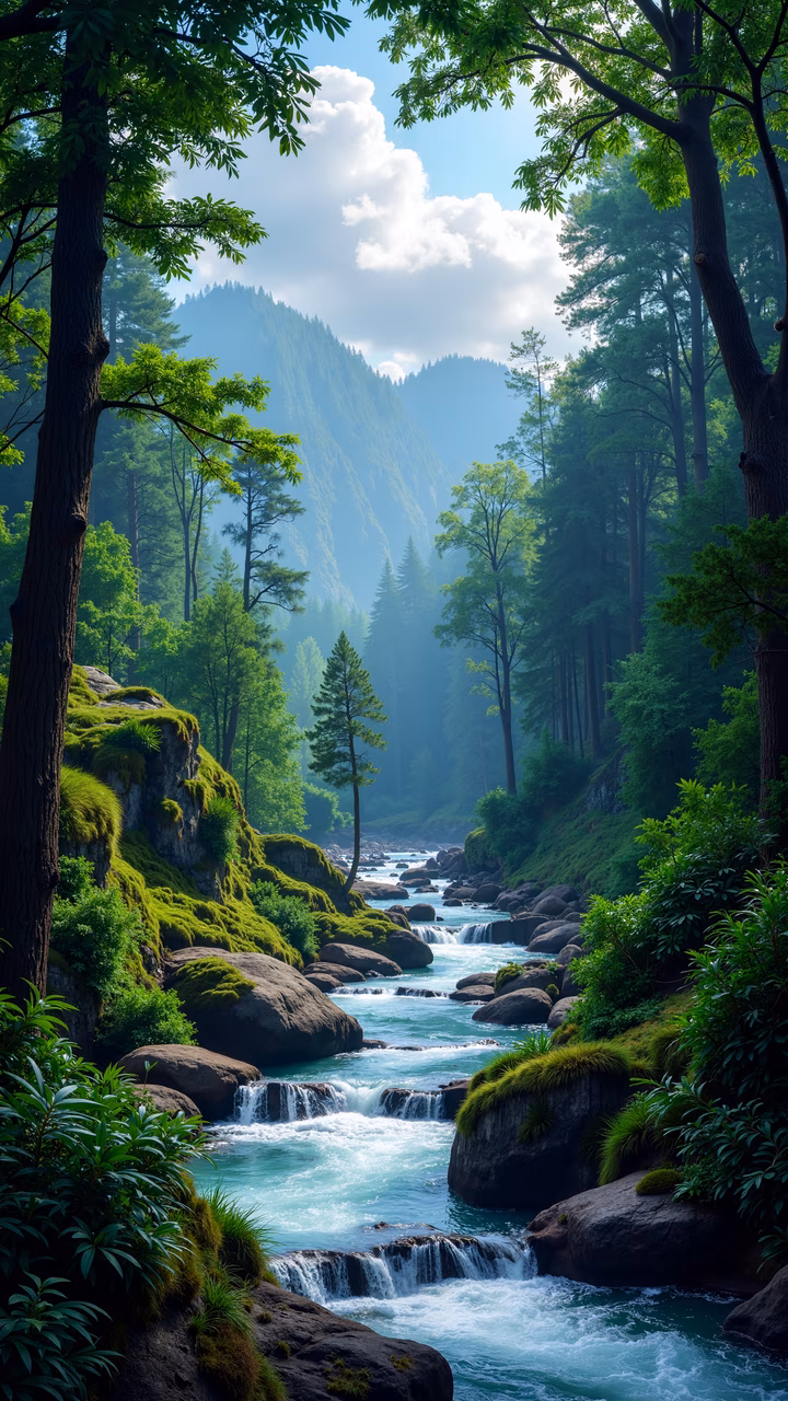 A tranquil mountain river scene with lush greenery and cascading waterfalls, perfect for nature enthusiasts and art lovers.