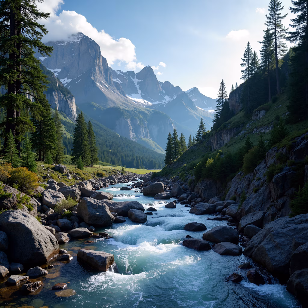 A tranquil mountain river surrounded by lush greenery and towering mountains, captured in soft morning light.