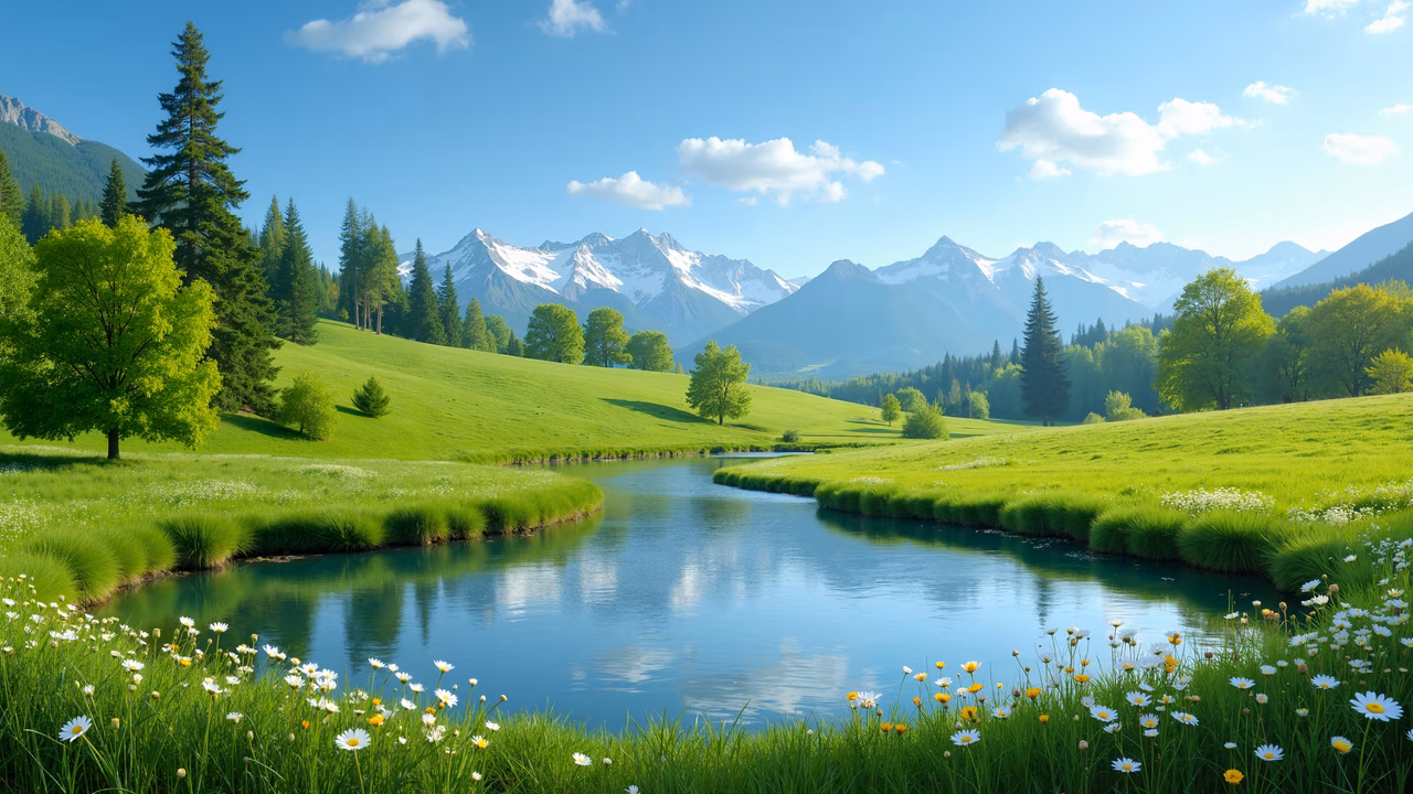 A picturesque mountain river surrounded by greenery and blooming flowers under bright sunlight.