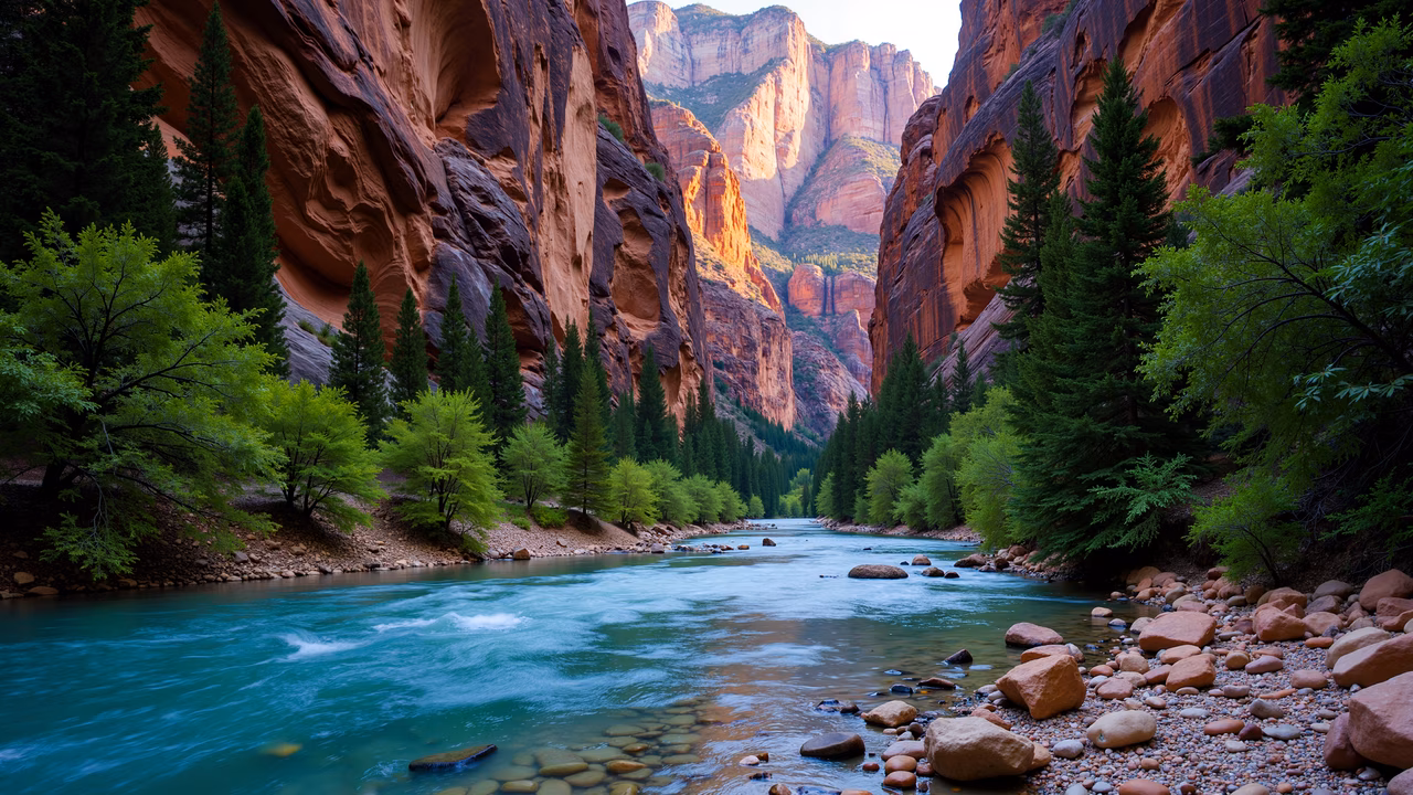 A stunning mountain river landscape with lush greenery and towering red rock cliffs, bathed in warm sunlight.