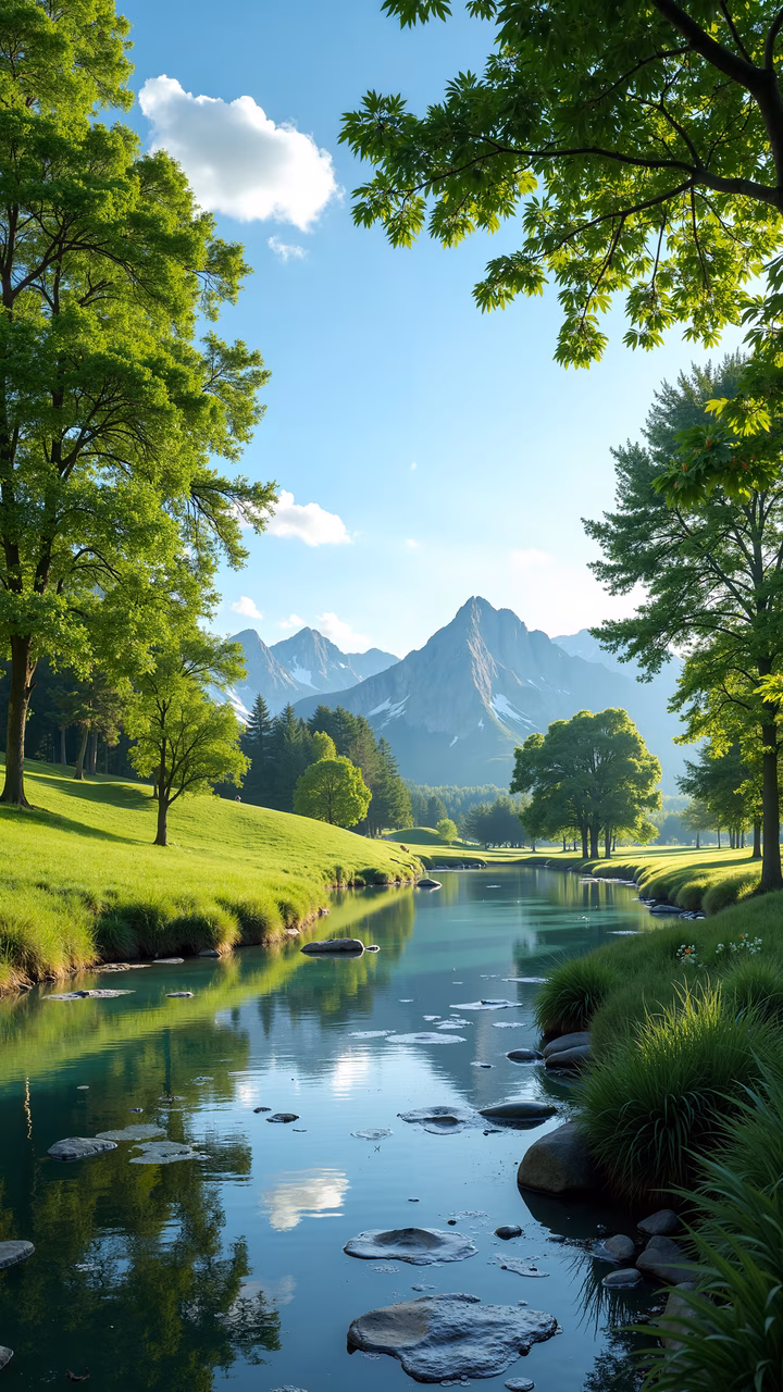 A peaceful mountain stream surrounded by lush greenery and towering mountains, captured in a serene illustration.