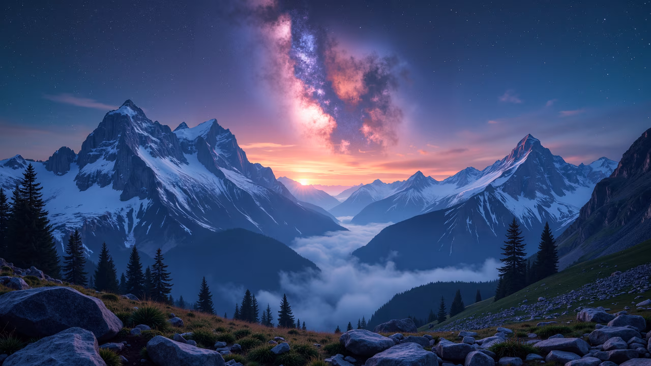 A stunning illustration of a mountain sunset with snow-capped peaks and a vibrant sky filled with clouds and stars.