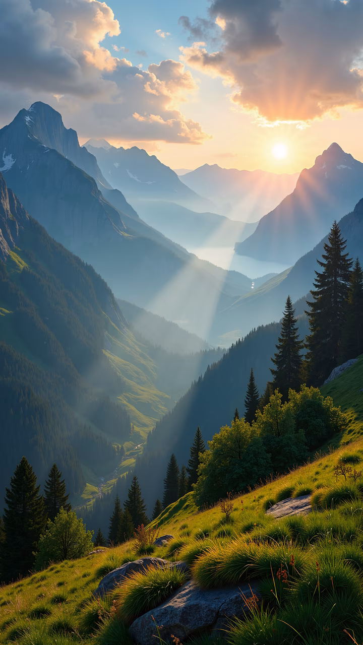 Serene mountain landscape at sunset, vibrant greenery, tranquil atmosphere