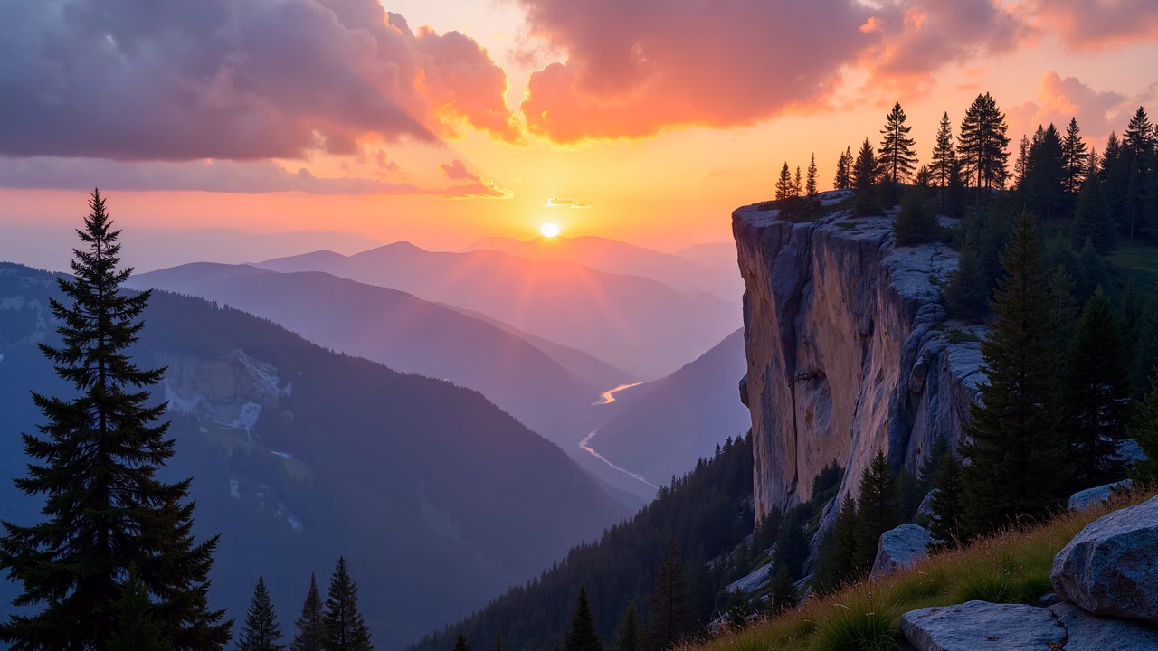 A stunning sunset over a mountainous landscape with dramatic cliffs and serene valleys, captured in an illustration style.