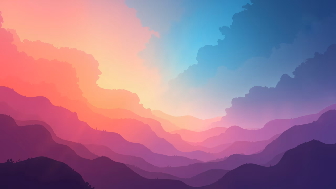 A tranquil mountain sunset illustration with smooth gradients and soft lighting.