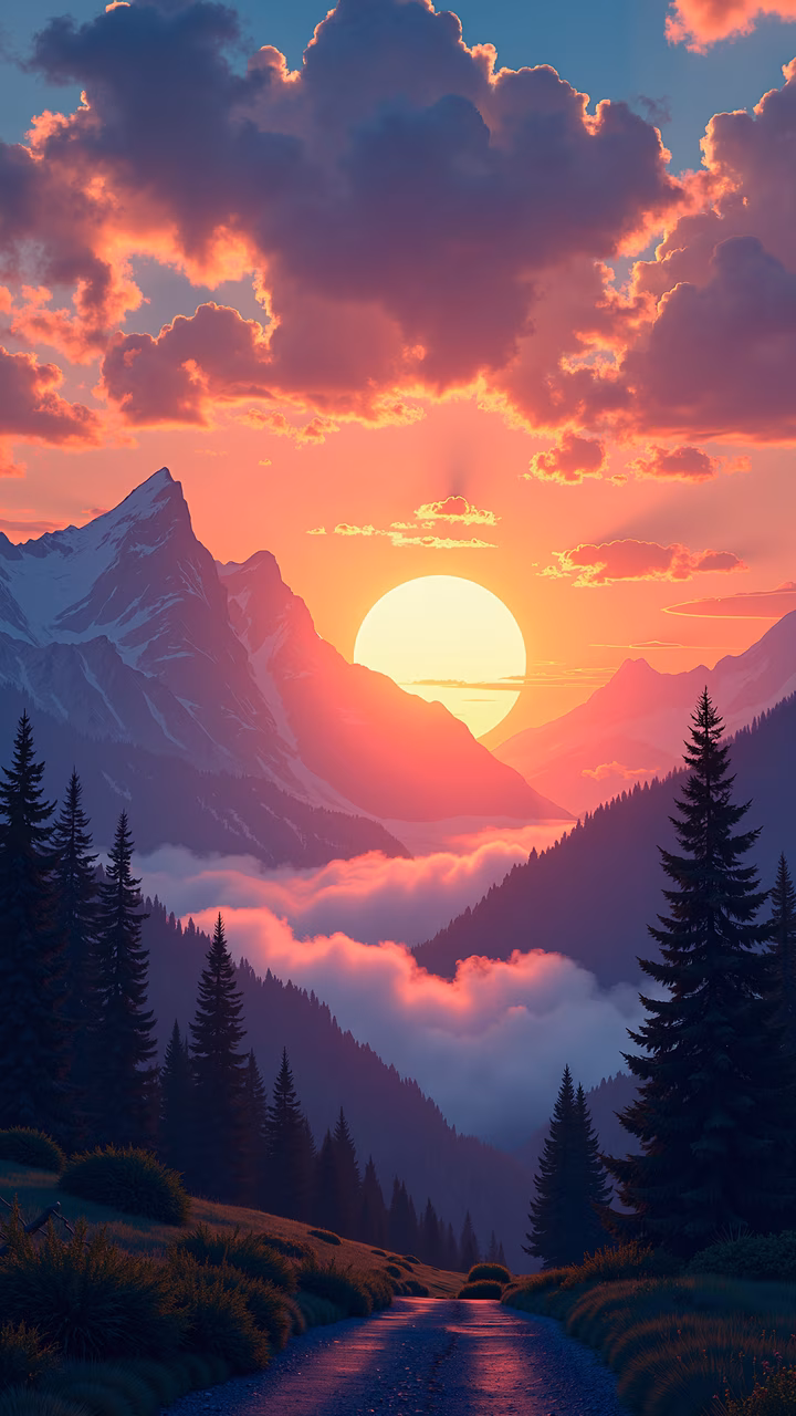 A breathtaking mountain sunset illustration featuring evergreen trees and a winding path.