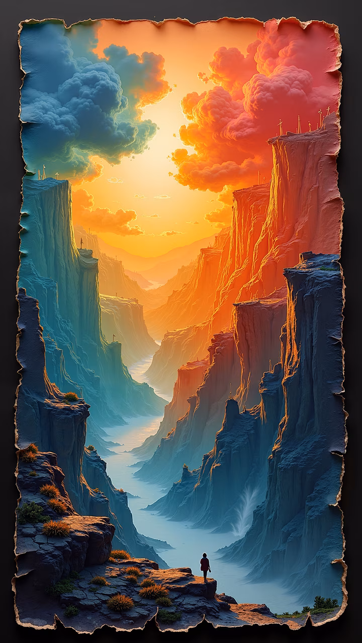 A lone figure gazes at a serene sunset over a mountainous landscape with dramatic clouds and a winding river.