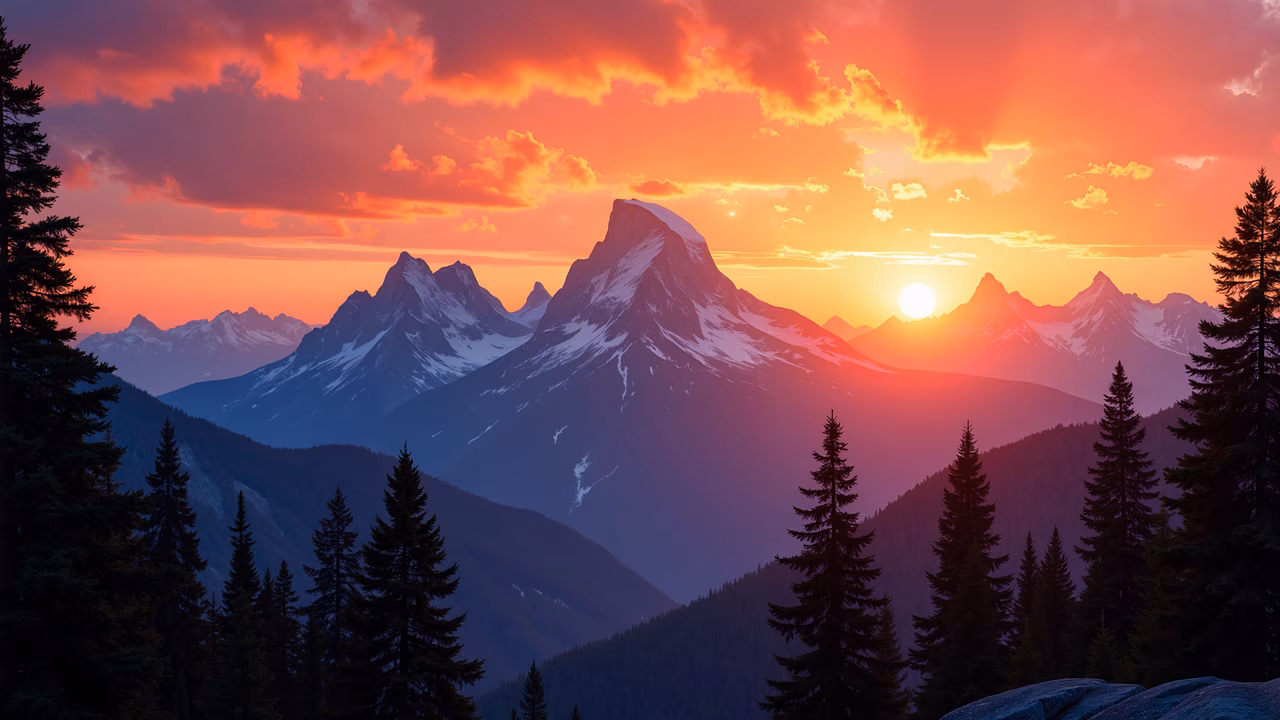 A stunning illustration of a mountain sunset with vibrant colors and a serene atmosphere.