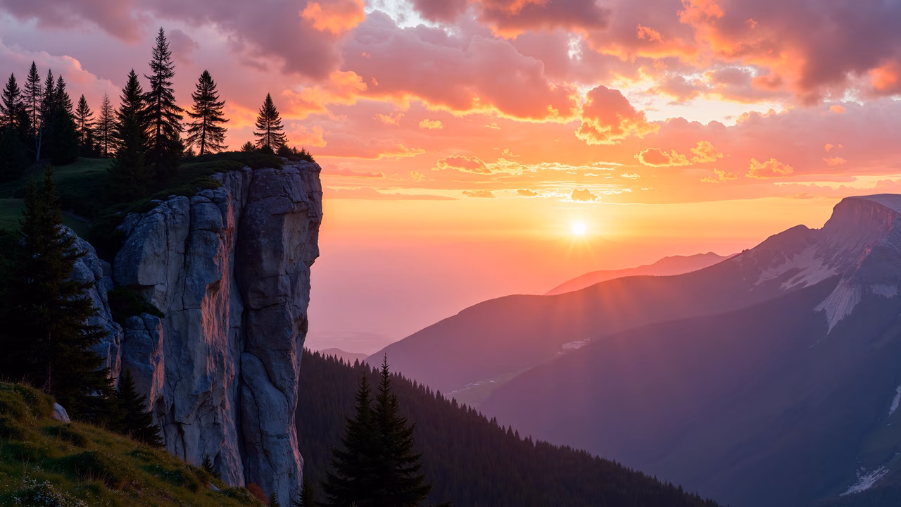 A stunning illustration of a mountain sunset with dramatic cliffs and evergreen trees, capturing the serene beauty of nature.