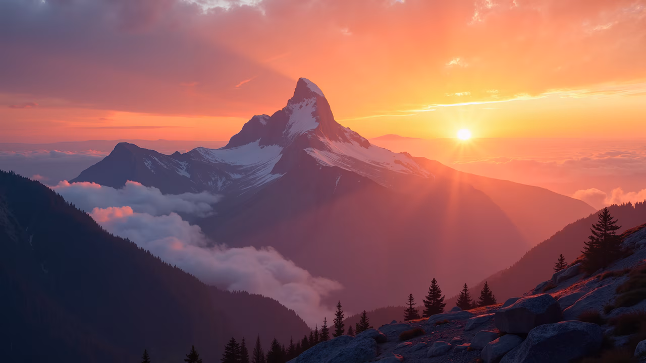 A stunning illustration of a mountain sunset with vibrant colors and serene atmosphere.