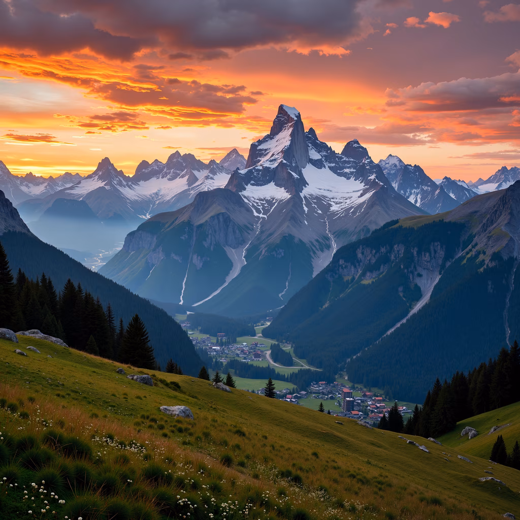 A stunning illustration of a mountain sunset with vibrant colors and serene landscapes.