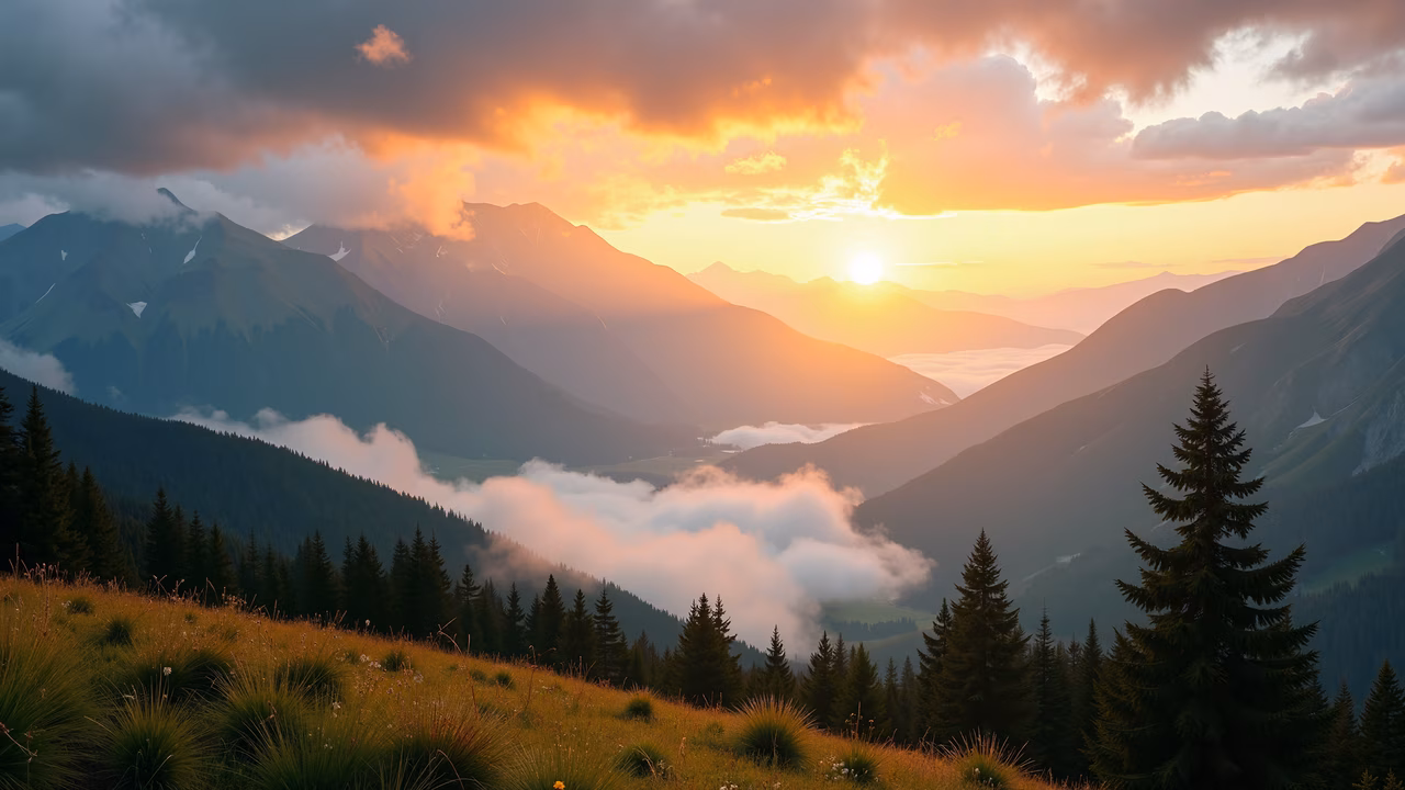 A stunning sunset over a mountainous landscape with misty valleys and dense forests.