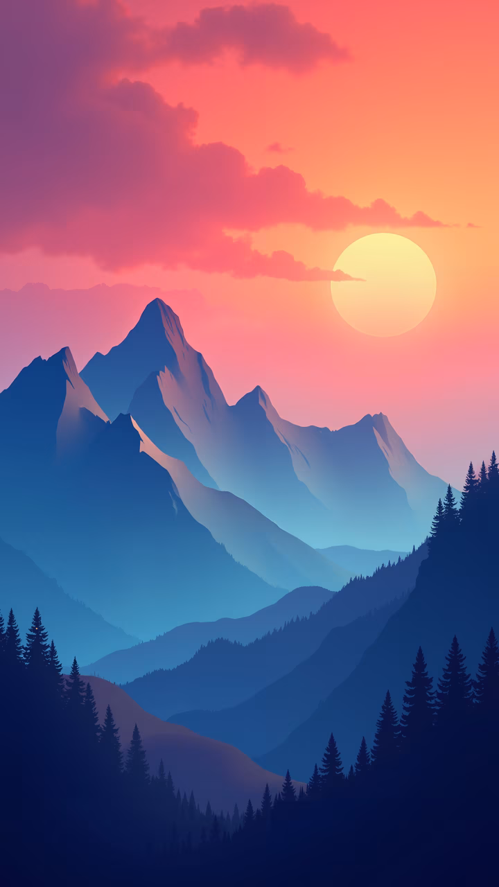 A tranquil mountain sunset illustration featuring vibrant sky colors and dense pine forests.