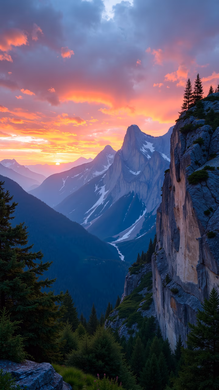 Vibrant mountain sunset illustration featuring peaks, forests, and cliffs.