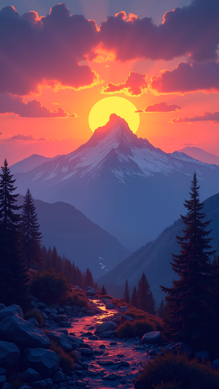 A stunning illustration of a mountain sunset with a serene stream and vibrant colors.