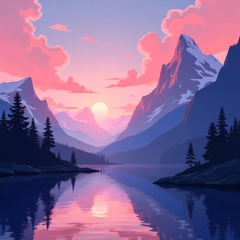 A tranquil mountain sunset scene with vibrant reflections in a calm lake, creating a peaceful atmosphere.