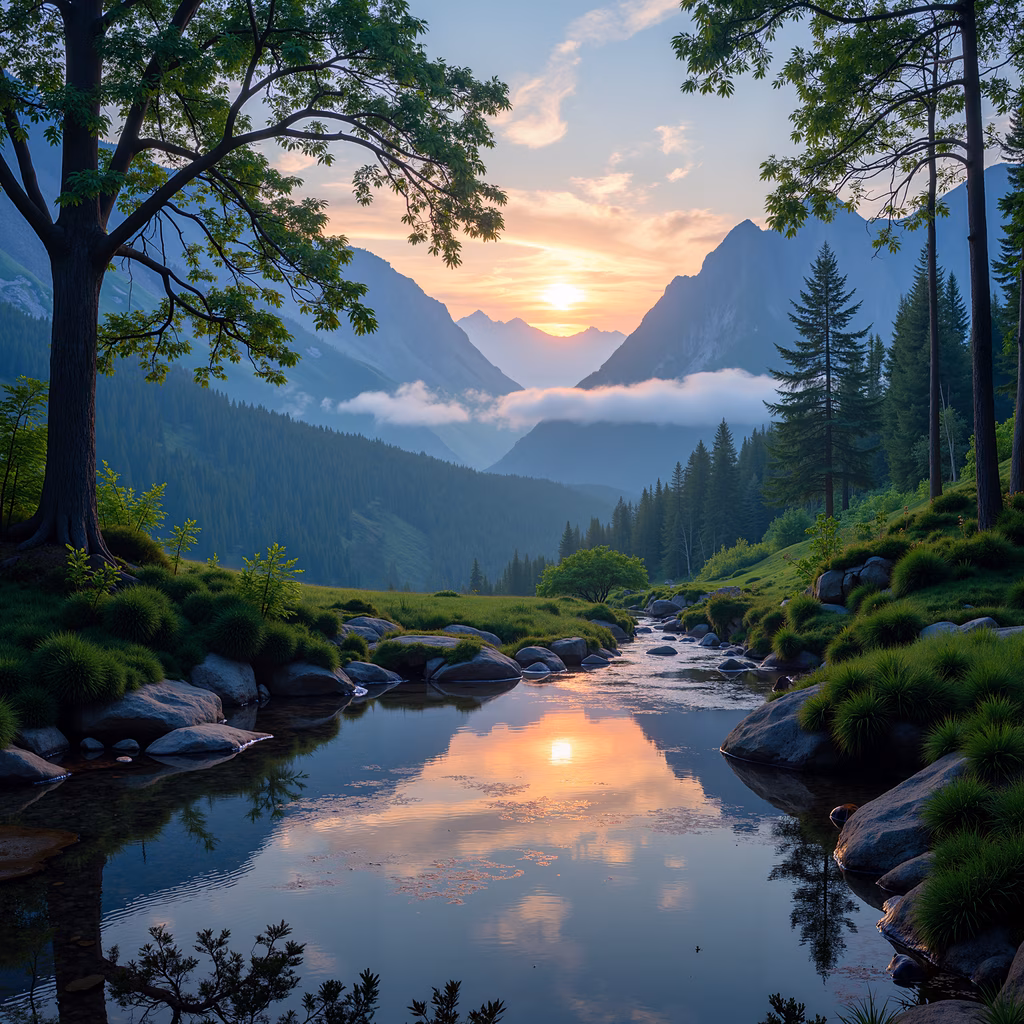 A breathtaking sunset over a mountain river, surrounded by vibrant greenery and towering trees.