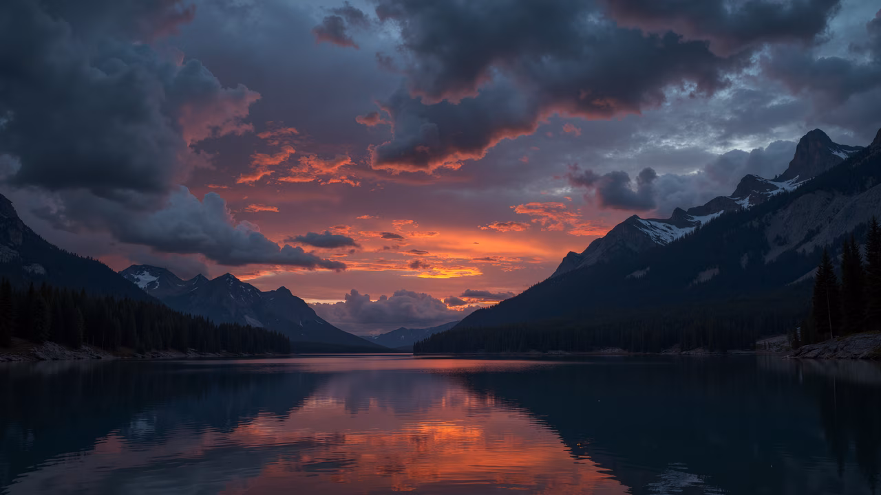 A stunning sunset reflected in a calm lake surrounded by majestic mountains.
