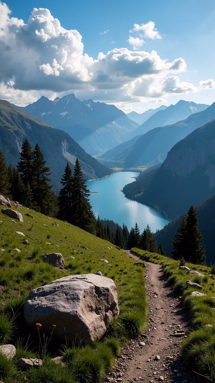 A picturesque mountain trail leading to a serene turquoise lake surrounded by majestic mountains.