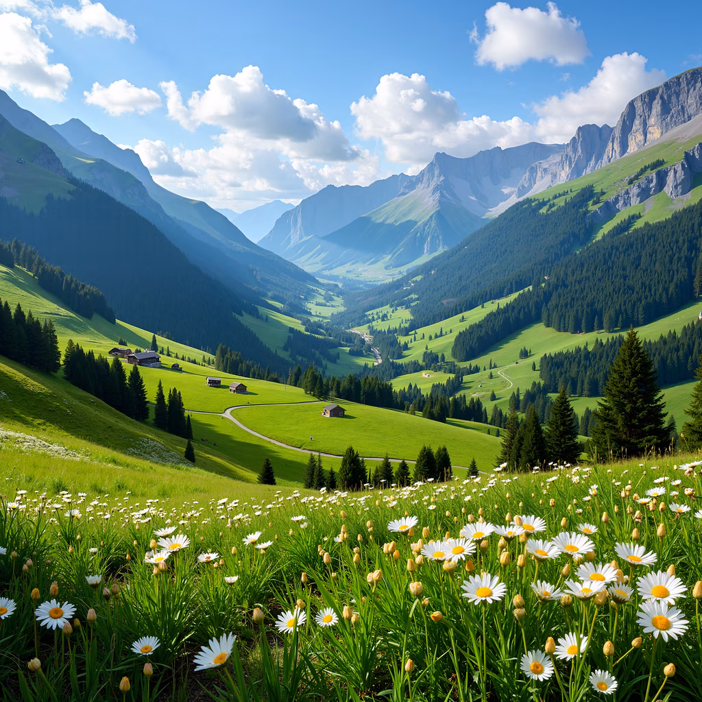 A tranquil mountain valley with lush green hills, dense forests, and vibrant white daisies in the foreground.