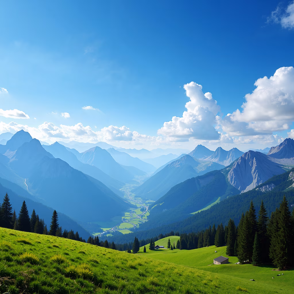 A peaceful mountain valley with lush green meadows and dense pine forests, bathed in soft sunlight, creating a tranquil atmosphere.