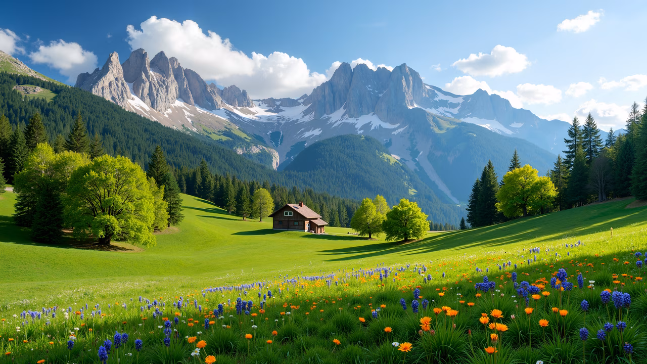 A tranquil mountain valley with lush green meadows and vibrant wildflowers under soft natural light.