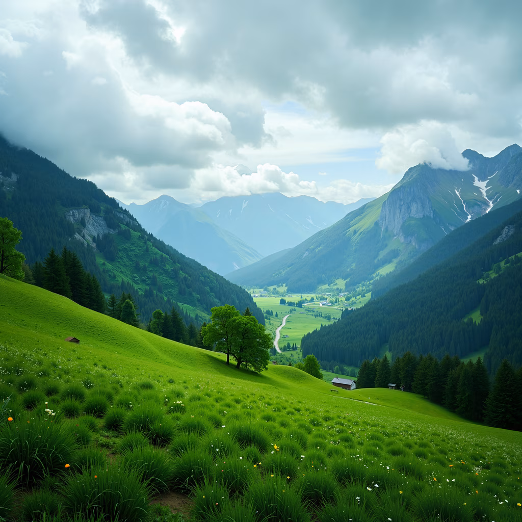 A picturesque mountain valley with lush greenery and a winding road, framed by towering mountains and fluffy clouds.