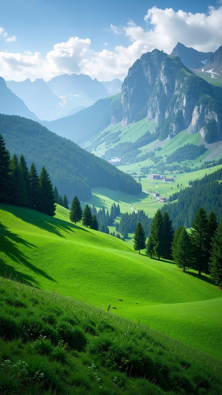 A peaceful mountain valley with vibrant green hills and dense pine forests under soft natural light.