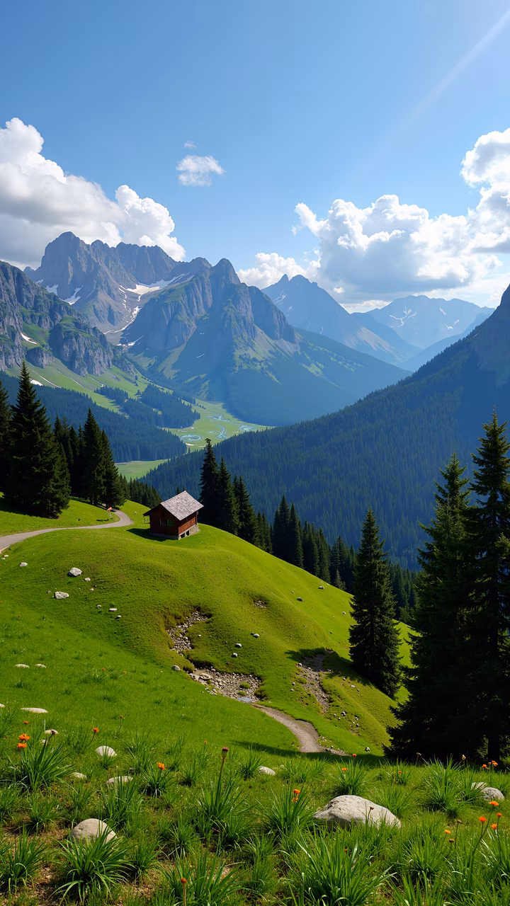 A peaceful mountain valley with vibrant green meadows, pine trees, and a small wooden cabin under soft sunlight.