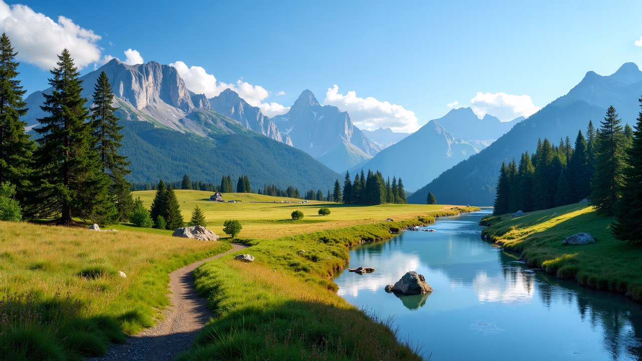 A picturesque mountain valley with a winding river and tall pine trees, reflecting the clear blue sky.