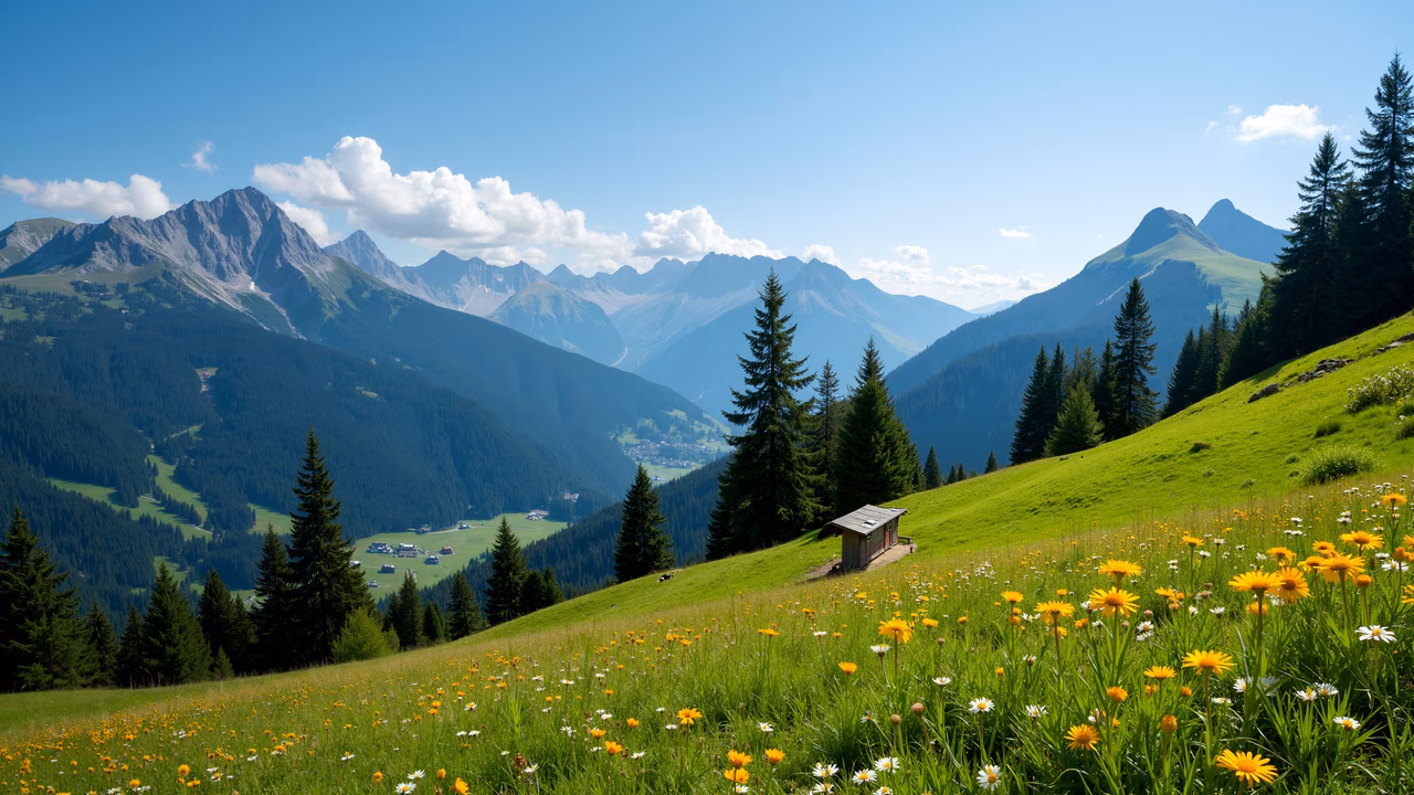 A serene mountain valley with vibrant wildflowers and towering pine trees under a clear blue sky.